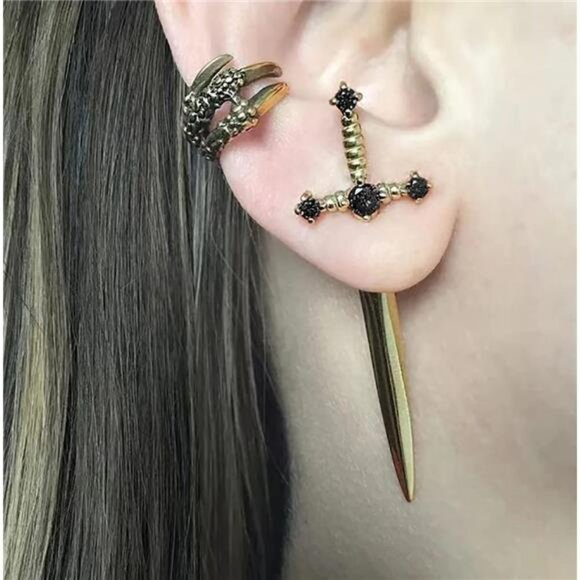 Gothic Sword Earrings Women Punk Dagger Rhinestone Stud Retro Black CZ Jewelry - Picture 4 of 8